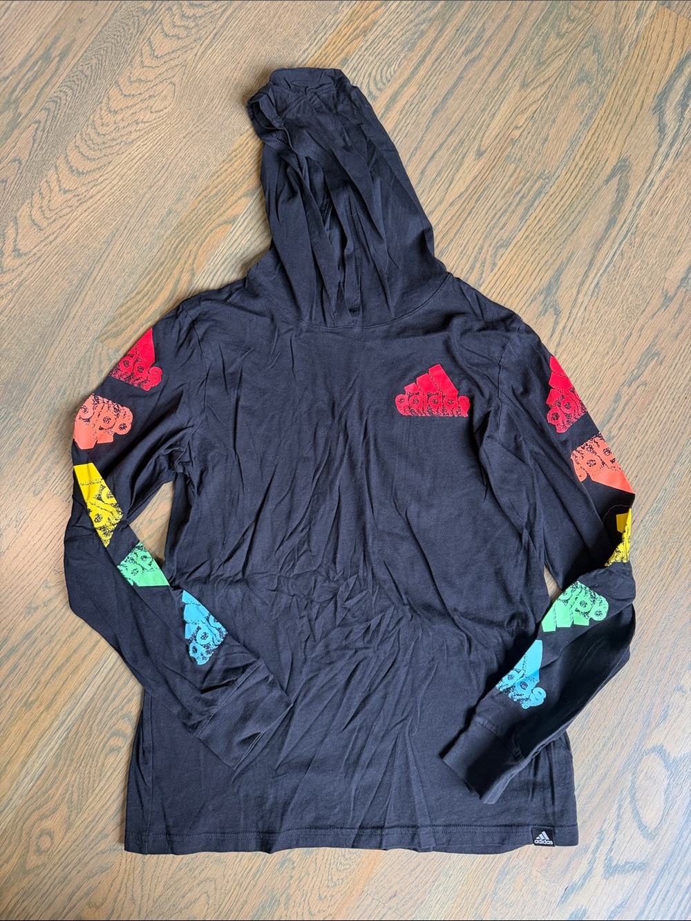 adidas Black Hooded Long Sleeve Tee with Rainbow Logo Sleeves